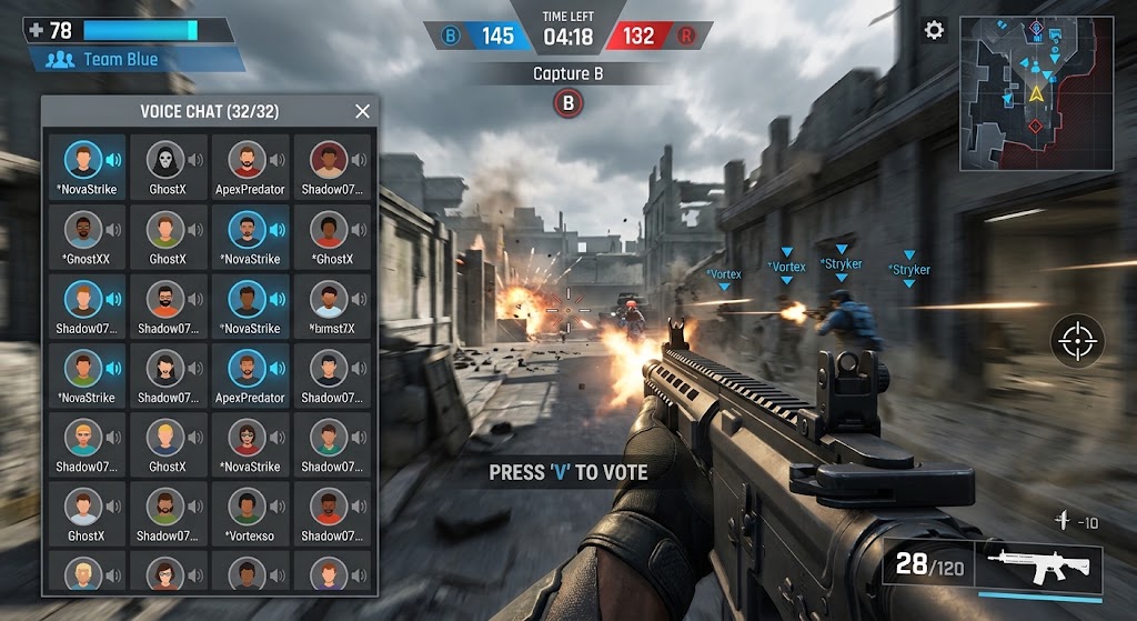 VODT gameplay: a 32-player voice chat panel beside a firefight, with the prompt Press V to vote